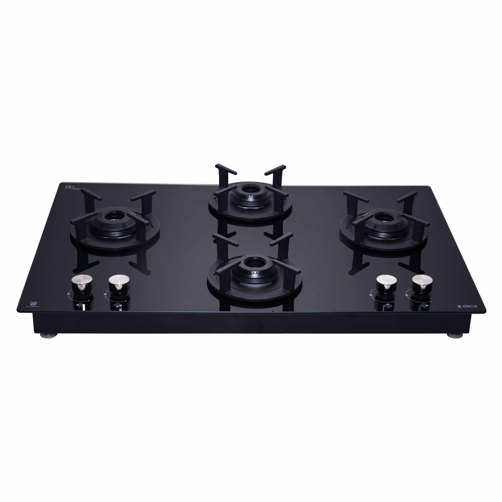 Elica 70cm 4 Burner Auto Ignition Hob | RG FLEXI 470 LOTUS IND HD BRASS | SABAF Brass Burners | Built-in & Freestanding | Toughened Black Glass | 10-Year Burner & 5-Year Glass Warranty