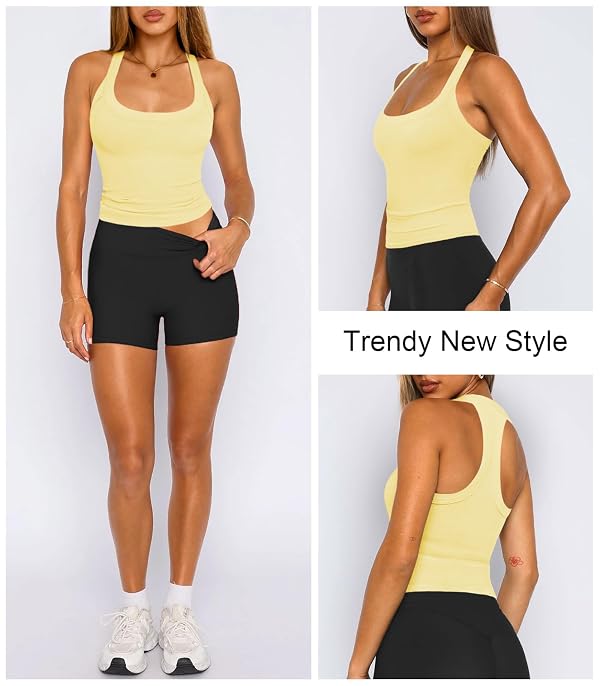 Womens Halter Workout Yellow Tank Tops for Women Low Cut Racerback M by Hragc - Used condition - Image 2