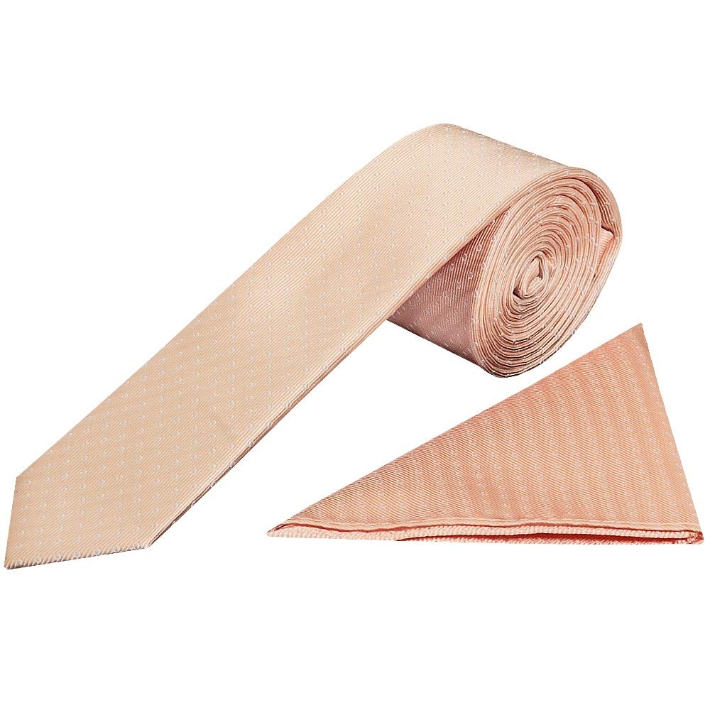 TIES R US Peach and White Polka Dot Skinny Men's Tie Handkerchief Set