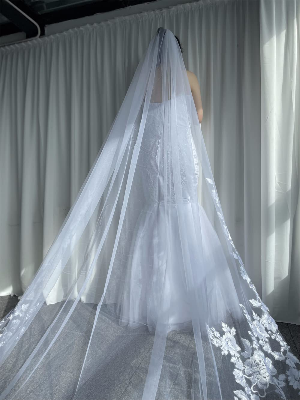 Voile De Mariée 3M X 3M En Tulle Avec Peigne - Dentelle Paillettes Blanc Pur