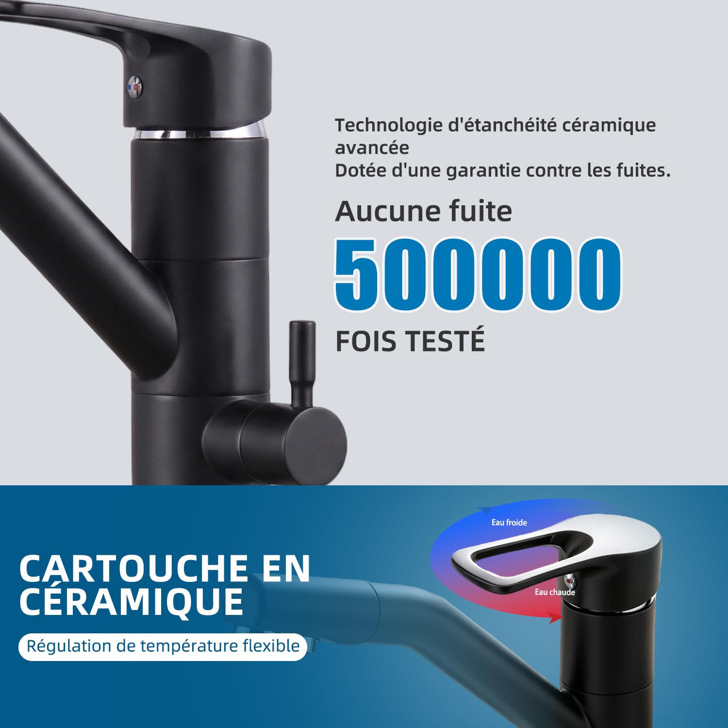 Robinet de Cuisine 3 Voies, Robinet de Cuisine Rotatif à 360°, Robinet d'évier avec Bec Flexible, G3/8 Pouces (Robinet à Triple Raccordement avec Filtre à Eau, Noir)