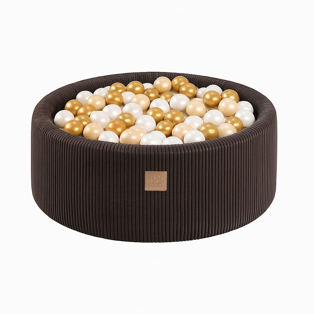 MEOWBABY Piscine À Balles pour Bébé - Rond 90x30cm Piscine a Balle pour Enfant avec 200 Balle, Côtelé, Marron: Beige/Blanc Perle/Platine