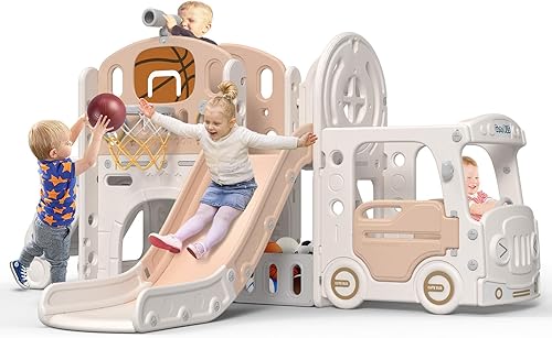 BIERUM Tobogán 10 en 1 para niños pequeños, tobogán para bebés de 1 a 3 años con lanzamiento de anillo, aro de baloncesto y casa de juegos en