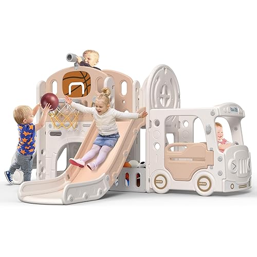 BIERUM 10 in 1 Toddler Slide, Baby Slide for Toddlers Age 1-3 with Ring Toss, Basketball Hoop and Bus Play House, Indoor Outdoor Playset Playground Beige Coffee