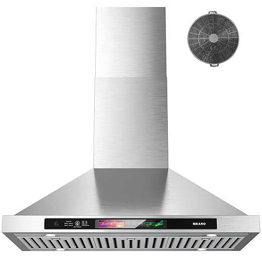 BRANO 30-inch Wall Mount Range Hood 900 CFM with Voice/Gesture/Touch Control, Stainless Steel Kitchen Hood Vent with 4 Speed Exhaust Fan, LED Adjustable Lights, Memory Mode