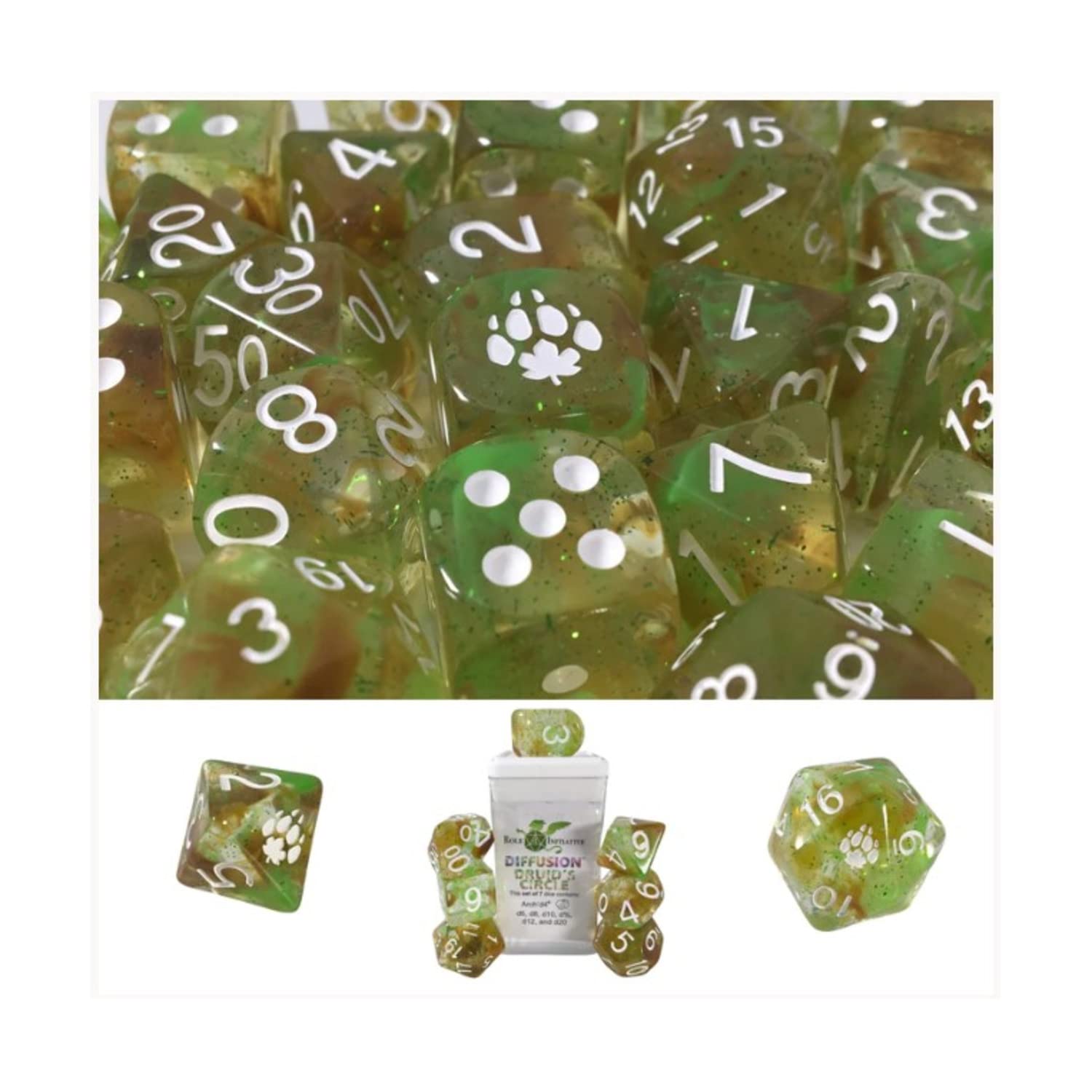 Diffusion Druids Circle Dice Set - 15 Polyhedral Dice In Green & Brown With White Numbers