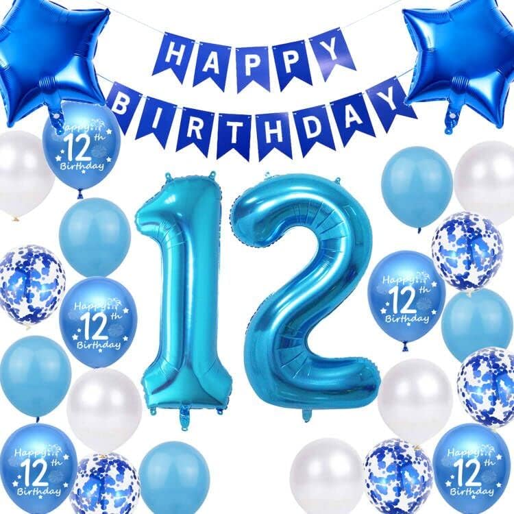 12th Birthday Party Decorations Blue for Girls 12th Birthday Banner Blue Number 12 Birthday Foil Balloons Confetti Balloons for Boys Him Son 12 Year Old Birthday Supplies