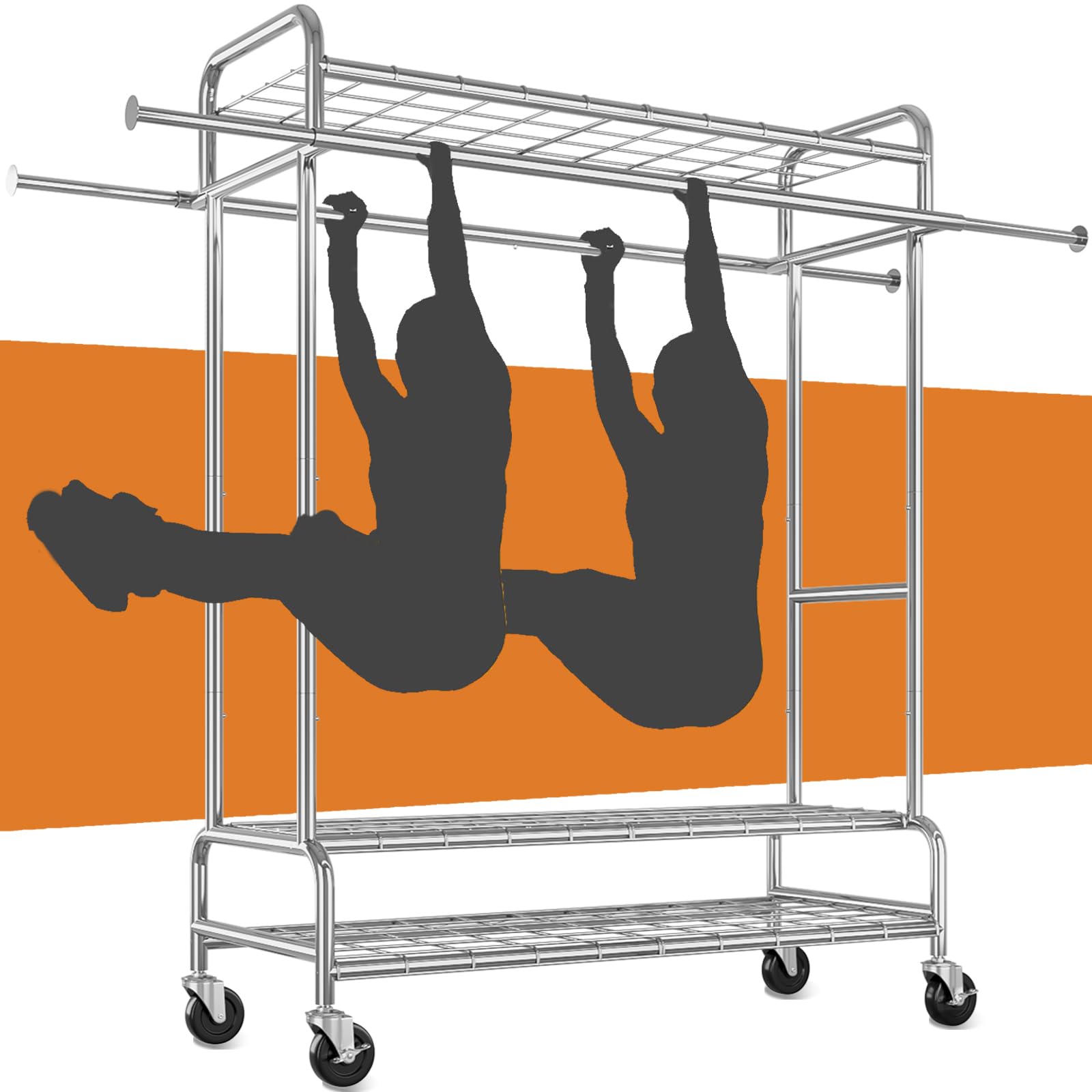 Heavy Duty Clothing Rack with Wheels - 573LBS Capacity Double Rod Clothes Rack, Extendable Rolling Closet Organizer with 3 Shelves for Wardrobe & Storage (Silver)