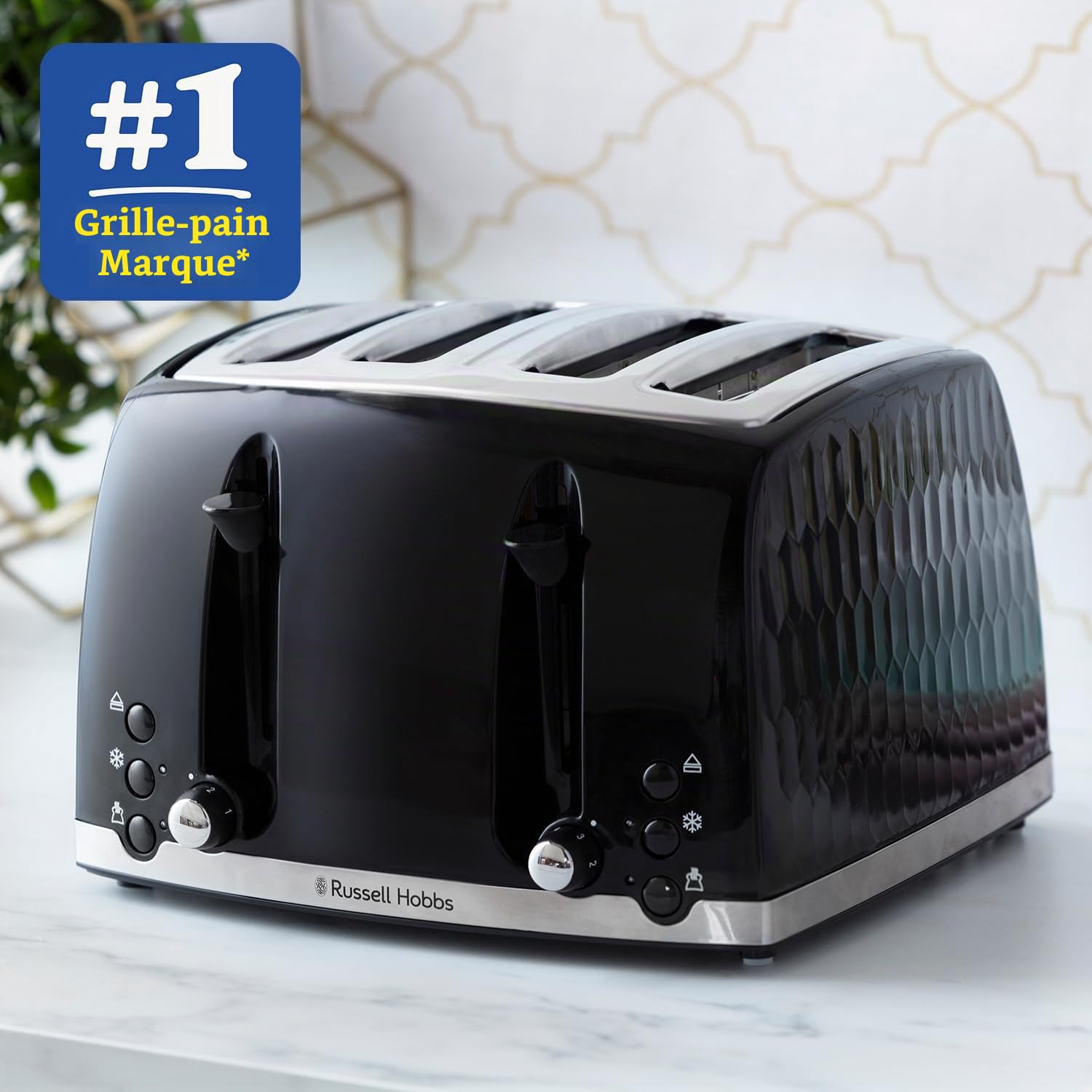 Russell Hobbs 26071 Grille-Pain 4 Tranches Design Moderne en nid d'abeille avec fentes extra larges et fonction de levage haut Noir