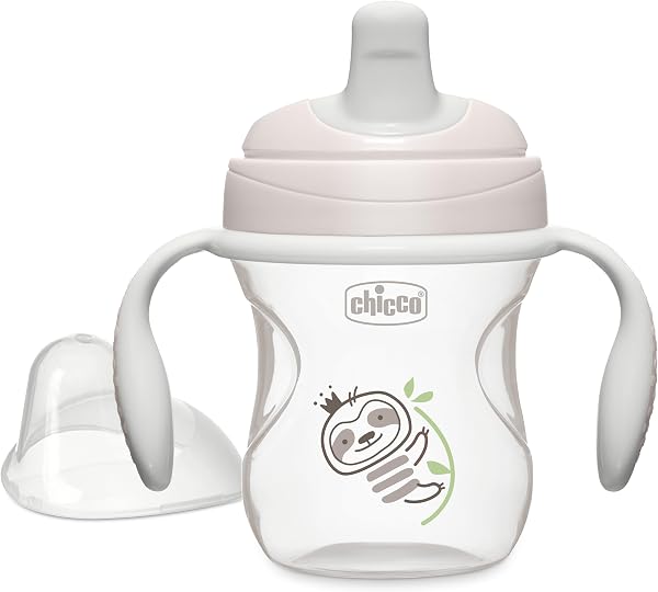 Chicco Trainer Sippy Cup 6+ Months, 7oz Baby Training Cup with Bite-Resistance Semi-Soft Spout, Easy Grip Removable Handles, Measurement Markings, BPA-Free, Grey - 1