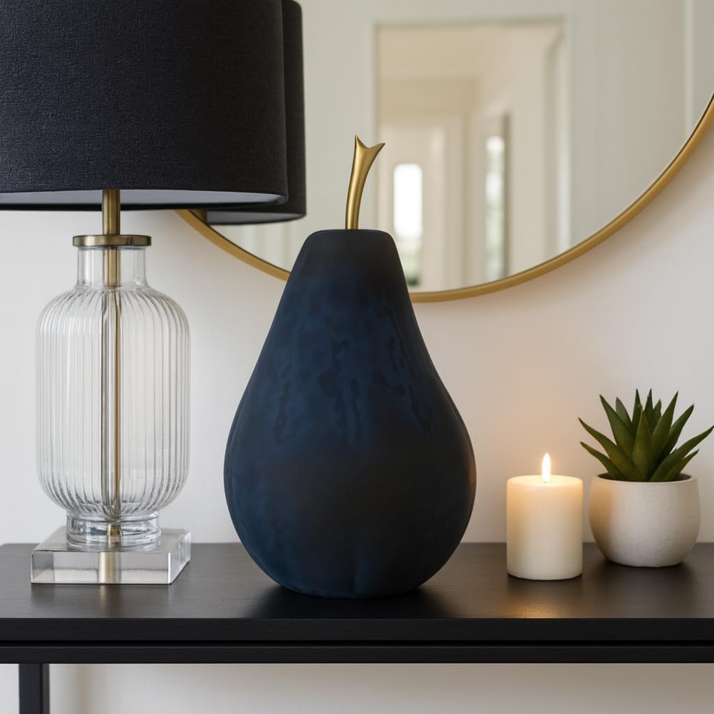 Unique Large Glass Pear Sculpture Figurine for Home Decor Accent - Perfect for Bathroom, Office, or Living Room - Modern Ornament or Statue for Shelf and Coffee Table Decor - 12", Black & Gold