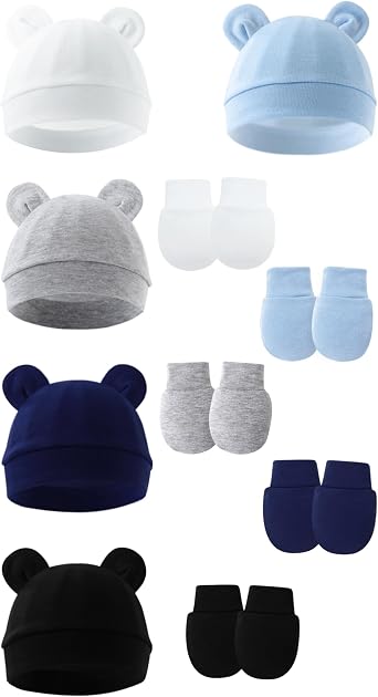 Cotton Baby Hats and Mittens Set Unisex, Toddler No Scratch Mittens and Beanie Cap Infant Newborn Hospital Hat