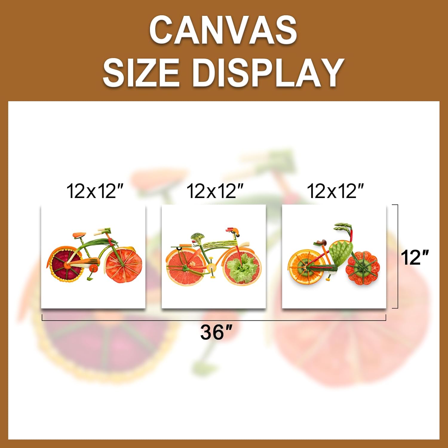 PoGoXiPoYo 3 Panel Kitchen Canvas Wall Art Creative Funny Colorful Vegetable Fruit Bicycle Bike Pictures Wall Decor Food Wall Painting for Dining Room Restaurant Living Room Home 12x12inchx3pcs