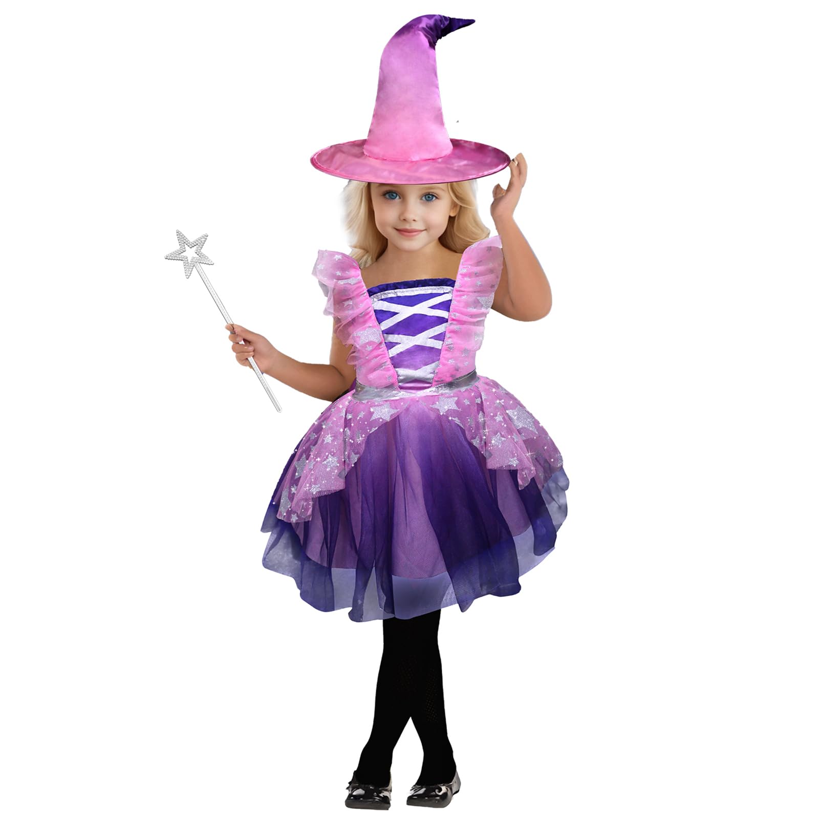 XXLOG Witch Costume for Girls Princess Dress with Hat and Wand Party Halloween Costumes for Kids