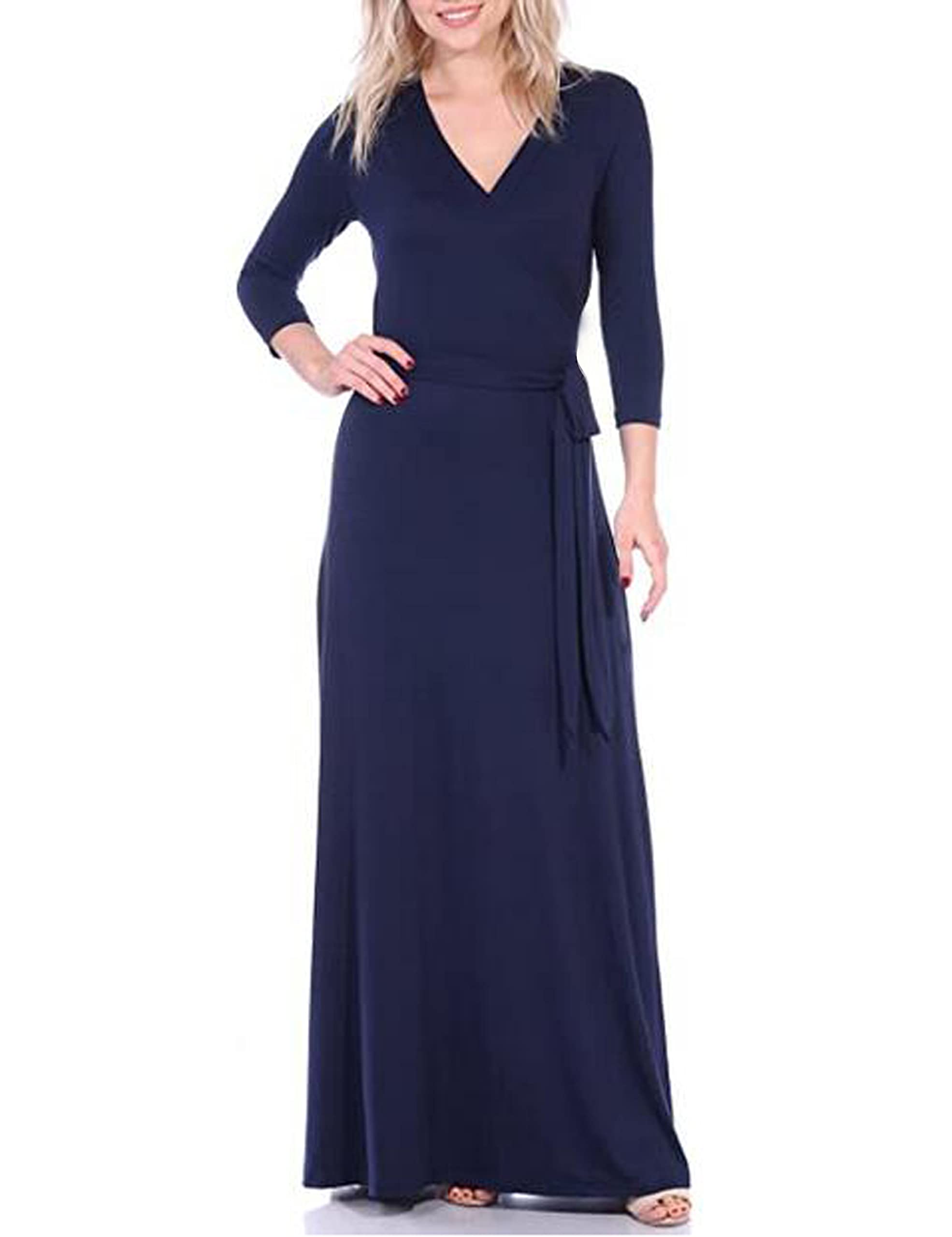 Aphratti Women's Maxi Dress with Sleeves - Faux Wrap Soft Stretchy Flowy Long Dress for Everyday Casual Outfits