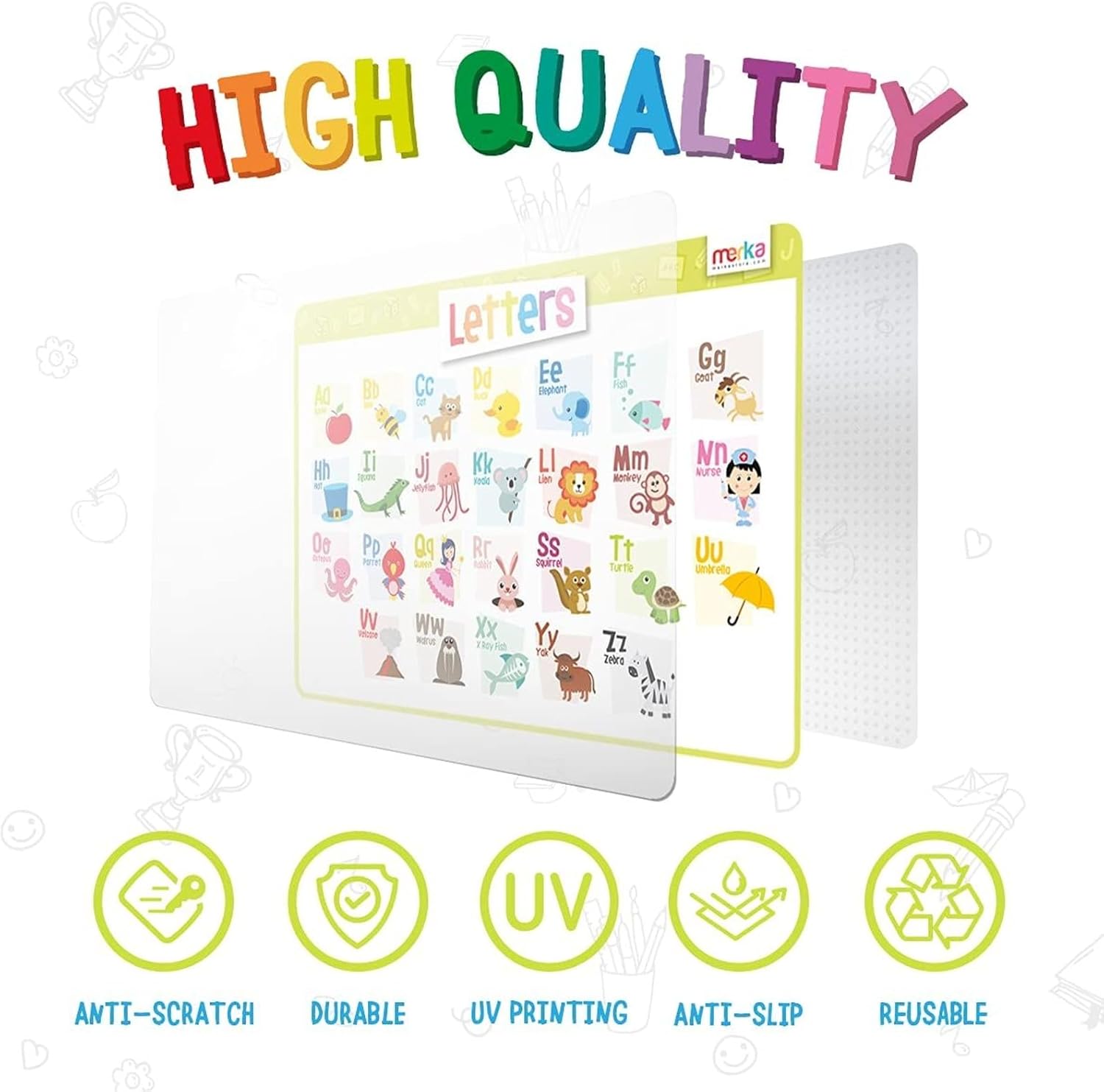 Merka 4 Pack Educational Placemat for Kids & Toddlers, Reusable, Washable Mat with Secure Grip Back for Dining Table, Learning Letters, Numbers, Shapes, Colors,17 x 11 inches