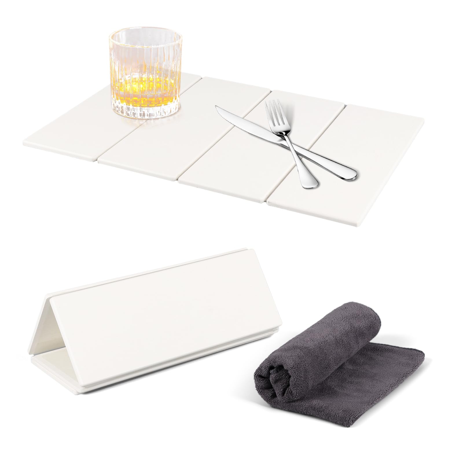 Alfombrilla Escurreplatos de Diatomita, 60x40cm Alfombra de Secado de Piedra Plegable con Toalla, Escurridor de Platos Absorbente Piedra, Secado Rápido, para Fregadero y Cocina Bano Encimera, Blanco