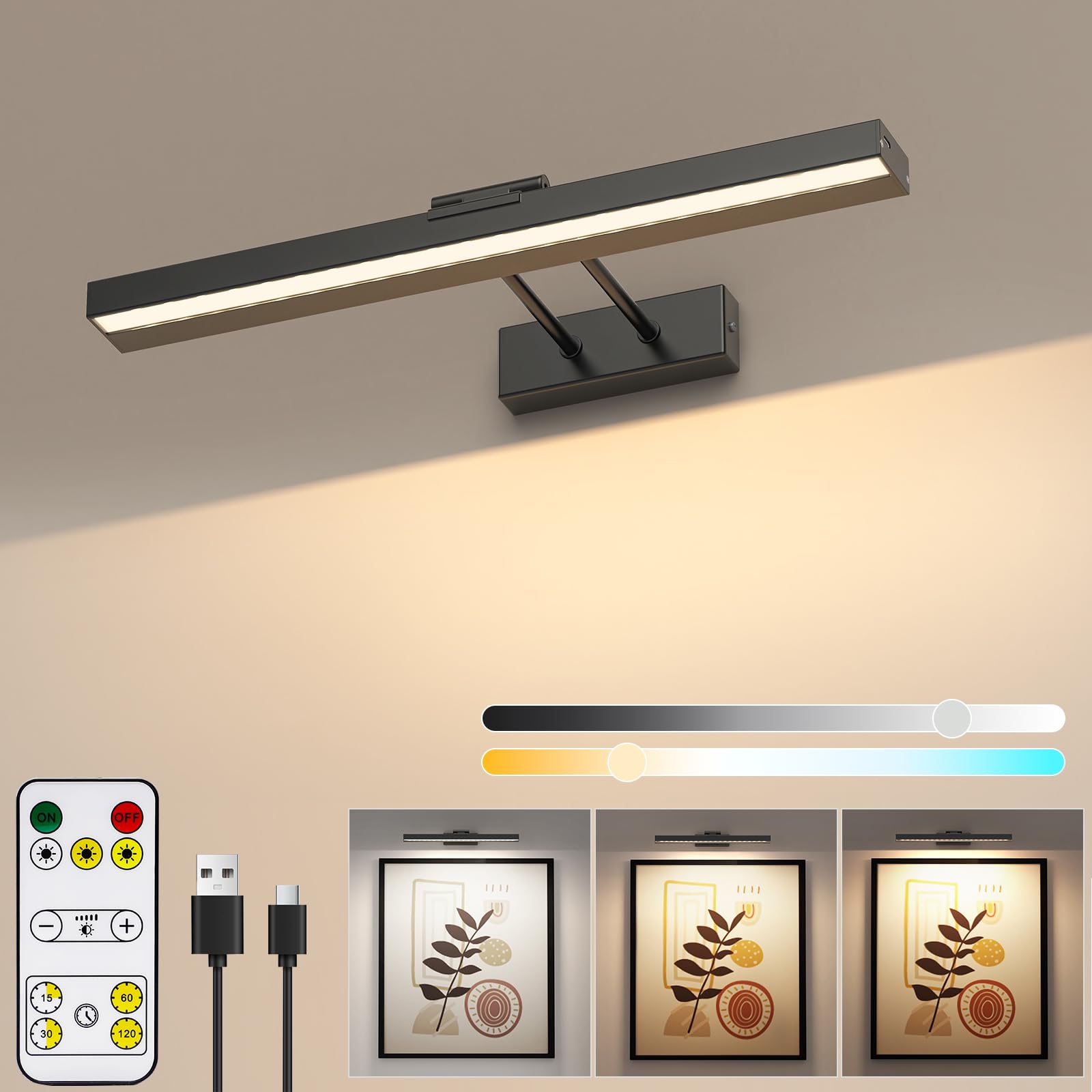 HURYEE Picture Light Battery Operated, Wireless Picture Light with Remote, 3 Color Modes Art Lights for Paintings, Dimmable led Picture Lights for Wall Art, Gallery, Dart Board, Black
