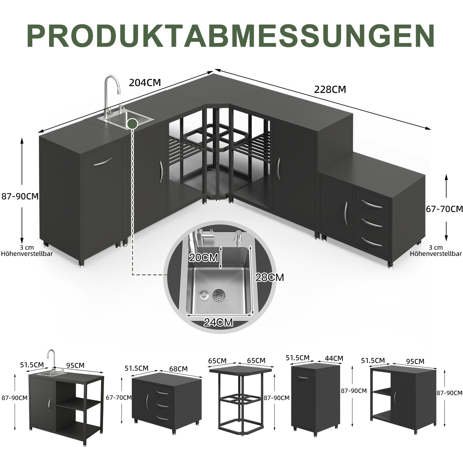 Grilltisch mit Spüle & Wasserhahn für Outdoor Küche, BBQ Beistelltisch mit Stauraum, Höhenverstellbar, Schwarz
