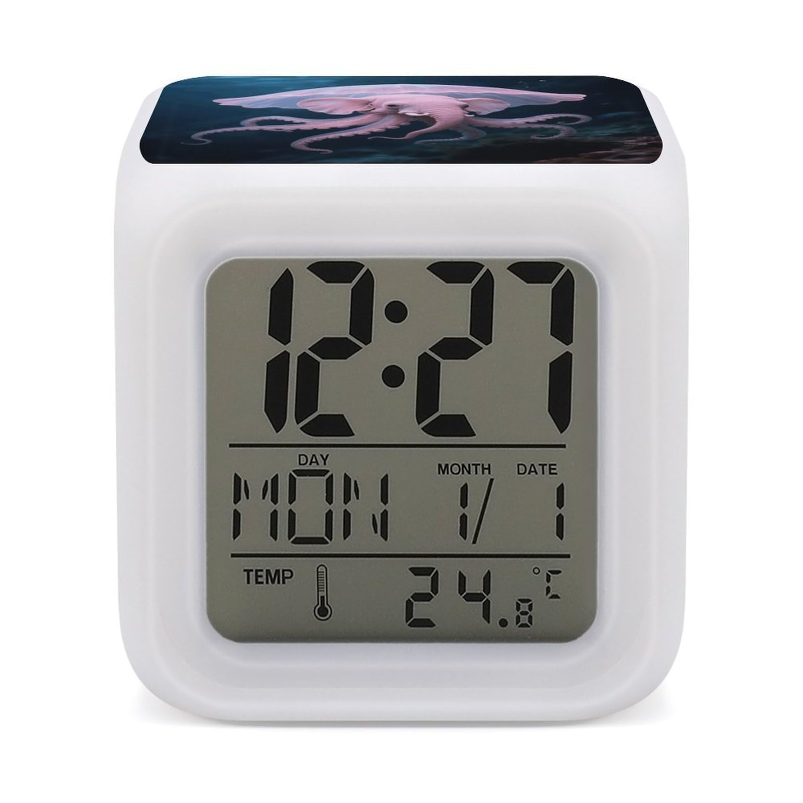 FodPand 7 Color Ambient Night Light Cube Battery Operated Dumbo Octopus Digital Clock with Snooze Temperature LED Digital Alarm Clocks Dimmable Wake Up Light Portable Mood Lamp for Bedroom Desk Gift