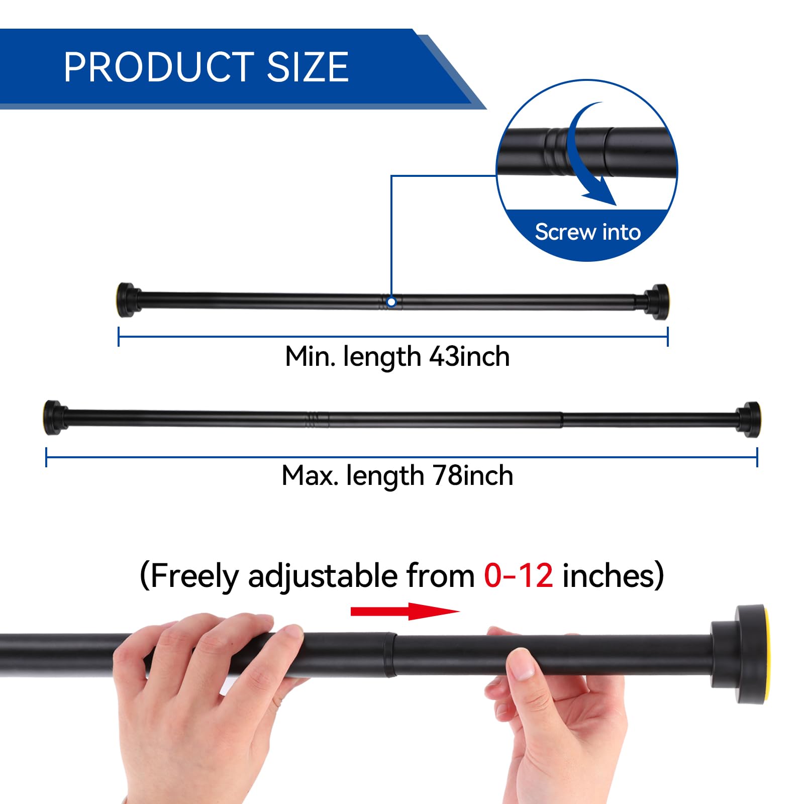 Thestoa Shower Curtain Rod Adjustable 43-78 inch, 1"Diameter Spring Tension Curtain Rod No Drill, Anti-Rust Non-Slip Shower Rod, Black Shower Curtain Rod for Bathroom Tension