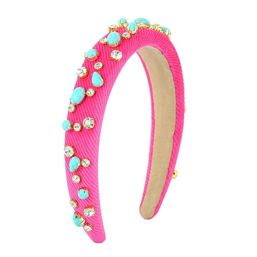 Diademas acolchadas para mujer con cristales adornados con terciopelo rosa, diadema turquesa con diamantes de imitación gruesos, accesorios para el