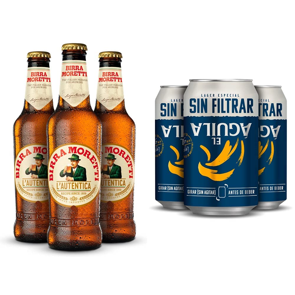 Birra Moretti Cerveza Lager Italia Pack Botella, 24 x 33cl & El Aguila Sin Filtrar Cerveza Lager Especial Pack Lata, 24 x 33cl