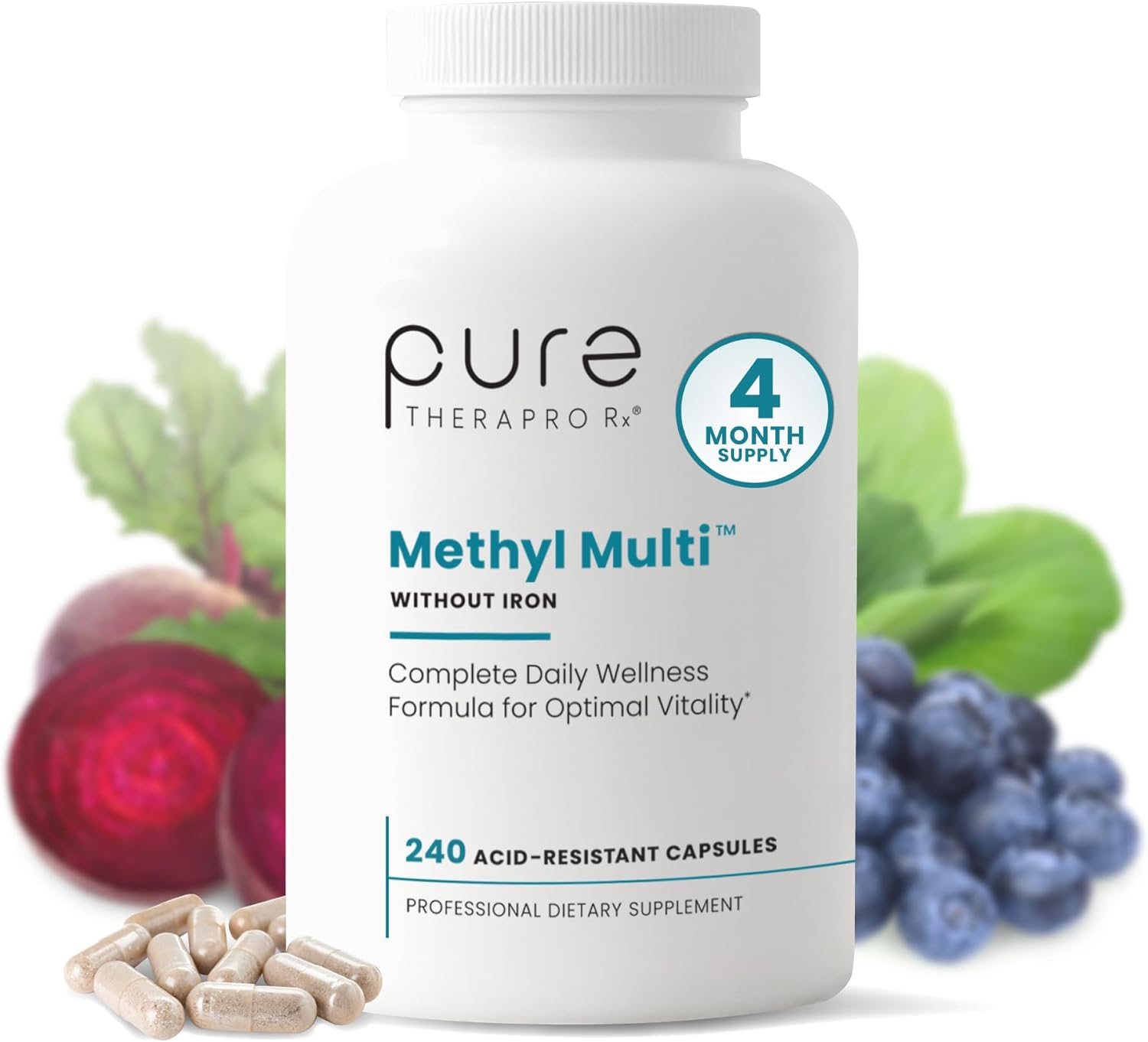 Pure Therapro Rx Methylated Multivitamin for Men and Women | Made in USA | Methyl Multi Without Iron Methyl B12 & Methylfolate | 240 Capsules, 4-Month Supply