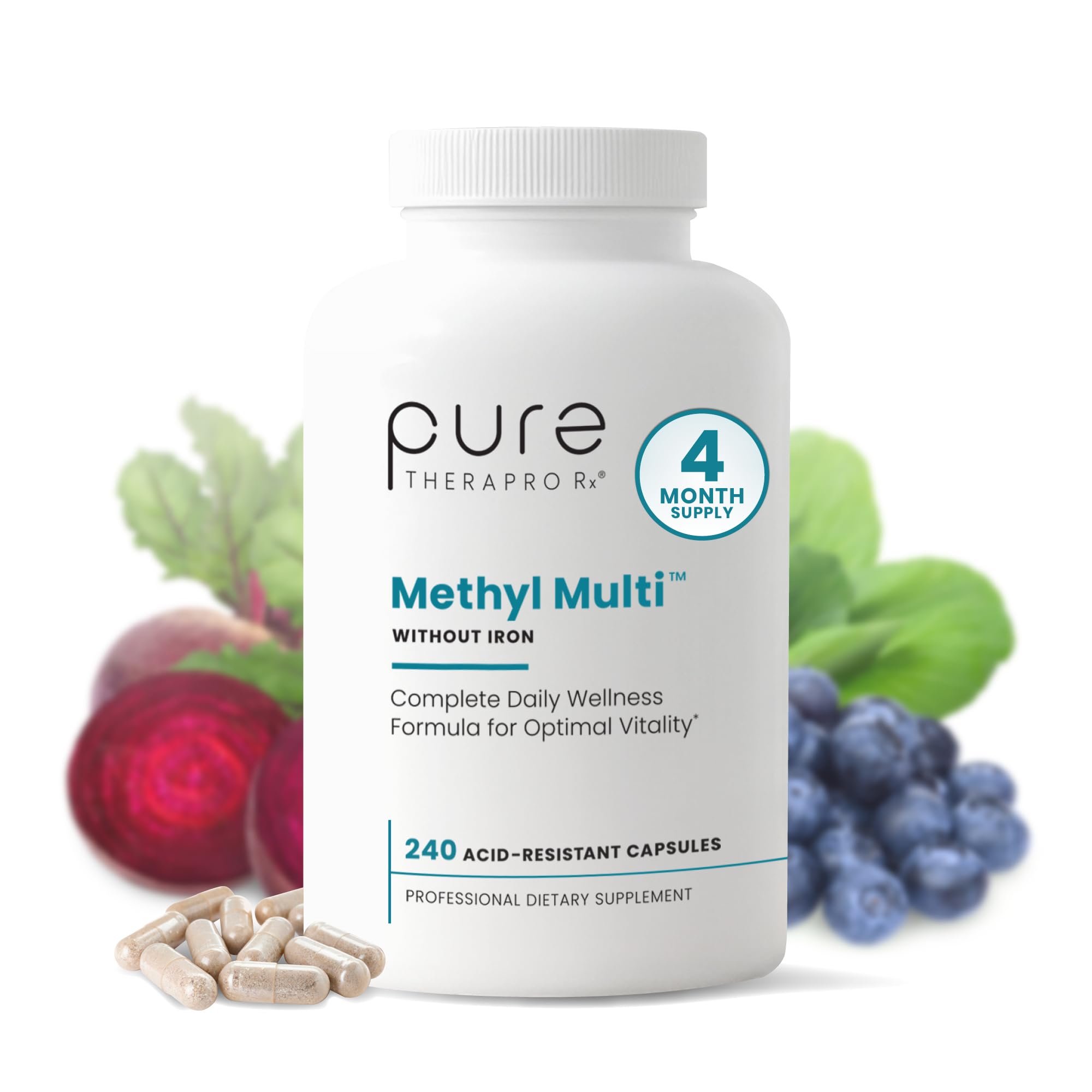 Methyl Multi Without Iron - 240 Vegan Capsules - Vitamins & Minerals + Methyl B12 & MethylFolate as Quatrefolic (5-MTHF), Ultra Pure Multivitamin & Multimineral Supplement Supports Energy & Vitality