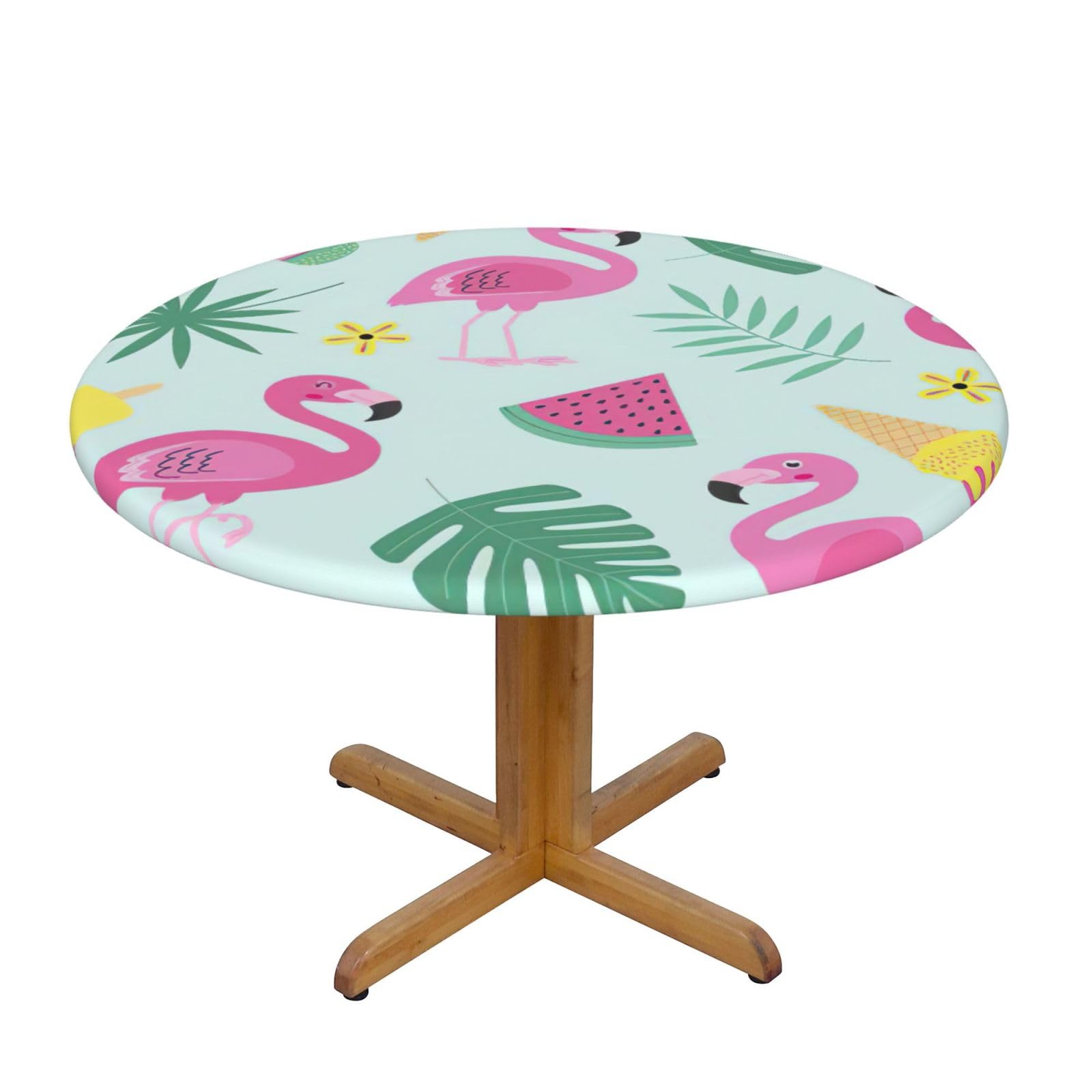 DUWAA Flamingo Ice Cream Fruit Print Oxford Fitted Table Cover For Patio Picnic, Waterproof Round Tablecloth For Home And Outdoor
