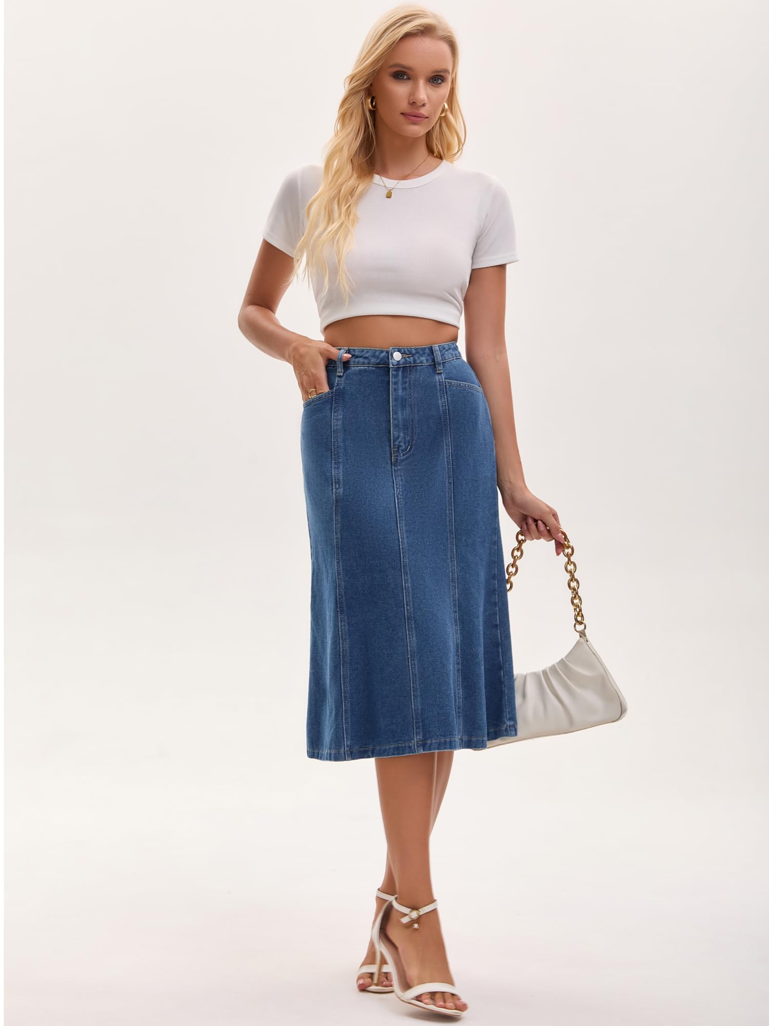 Donna Gonna Midi in Denim a Coda di Pesce | Vita Alta Orlo con Volant Lunghezza sotto il Ginocchio Vestibilità Aderente e Svasata Gonne Jeans Casual