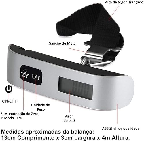 Balança Digital para Bagagem de Mão Portátil com Gancho, Visor LCD Grande e Capacidade de 50kg - Ide