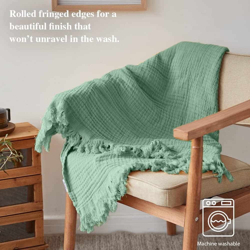 Simple&Opulence Cotton Muslin Throw Blanket for Bed, Couch, Knit Woven Gauze Blanket with Tassels, Soft Lightweight Cozy Pre-Washed Breathable Farmhouse Decoration for All-Season (Mint Green) - Image 4