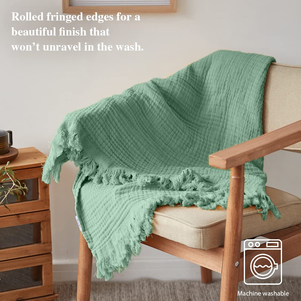 Simple&Opulence - Coperta in mussola di cotone per letto e divano, coperta in garza intrecciata con nappine, morbida, leggera, avvolgente, prelavata e traspirante, perfetta per lo stile country in