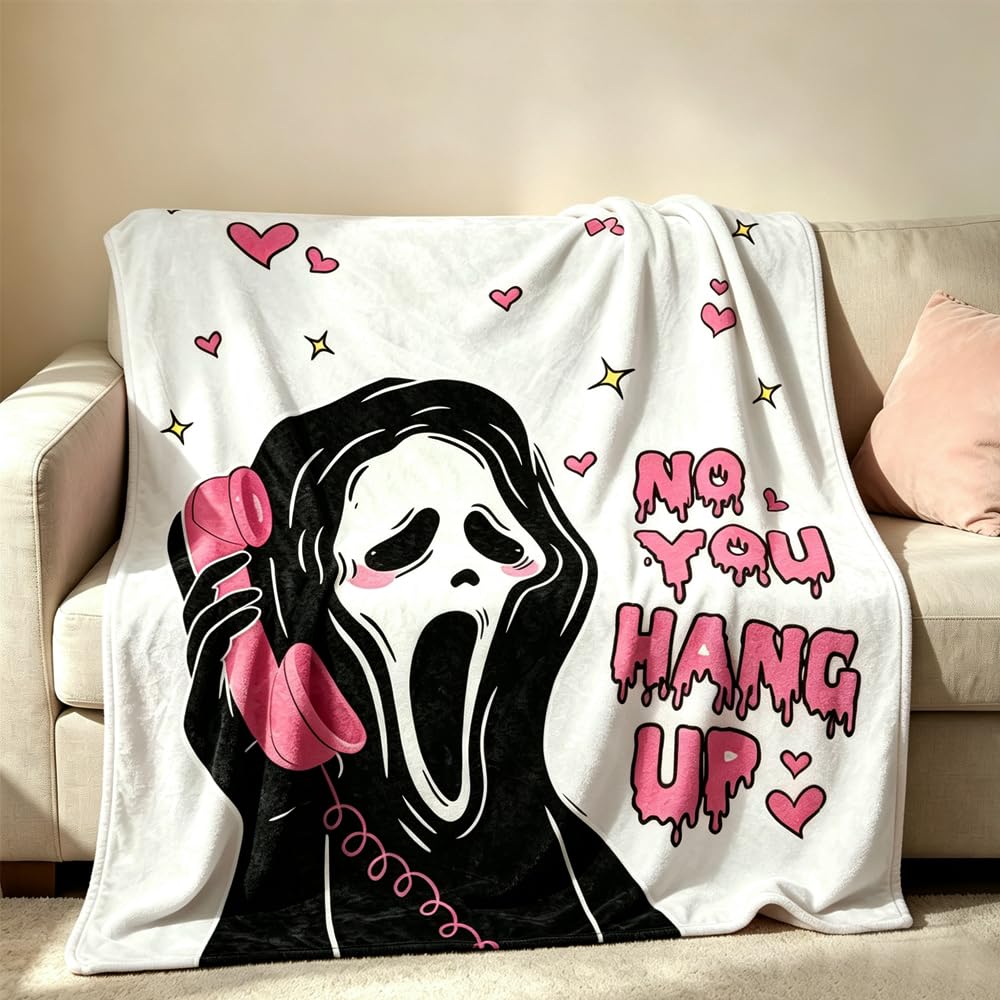 NKFBEV No You Hang Up Ghost Scary Face Blanket, 130x150cm Flannel Throw (Style 2- White) — image 1