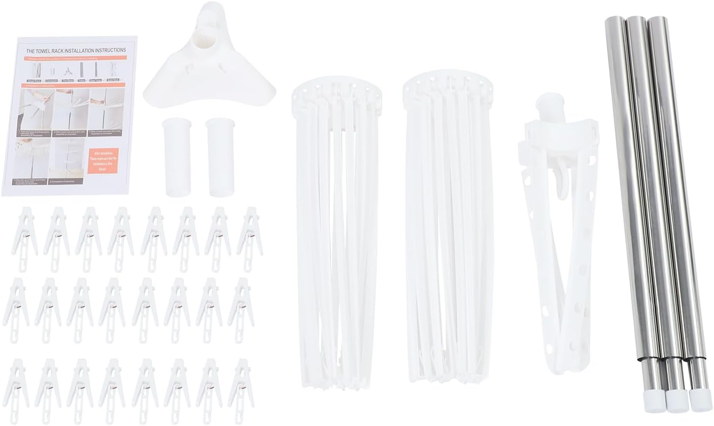 3-Tier Clothes Drying Rack, Foldable Laundry Stand with 24 Clips, Tripod Laundry Drying Rack Indoor, Stainless Steel, White