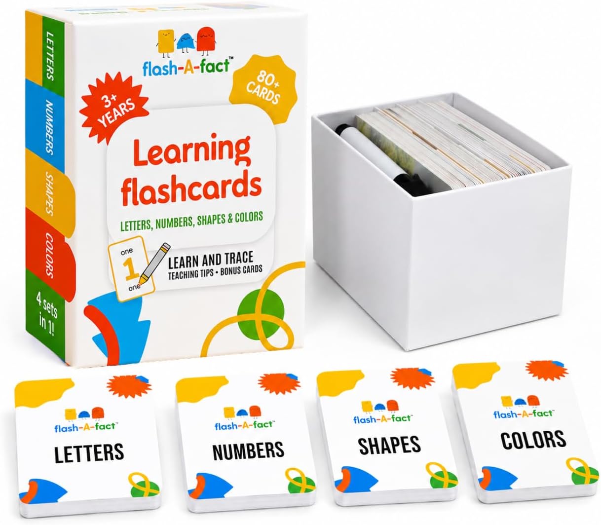 Flash a Fact 80+ Flash Cards for Toddlers 3 Years & Up | Preschool Learning Flashcards for Kids with Wipeable Marker, Water-Resistant Tracing Cards for Alphabet, Numbers, Shapes & Colors - Set of 4