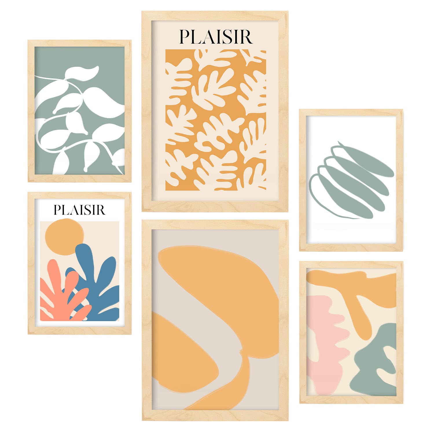 Nacnic Set of 6 posters Modern Mustard. Collection of posters in collage aesthetic for interior decoration. Sizes A3 and A4. Light wood frames.