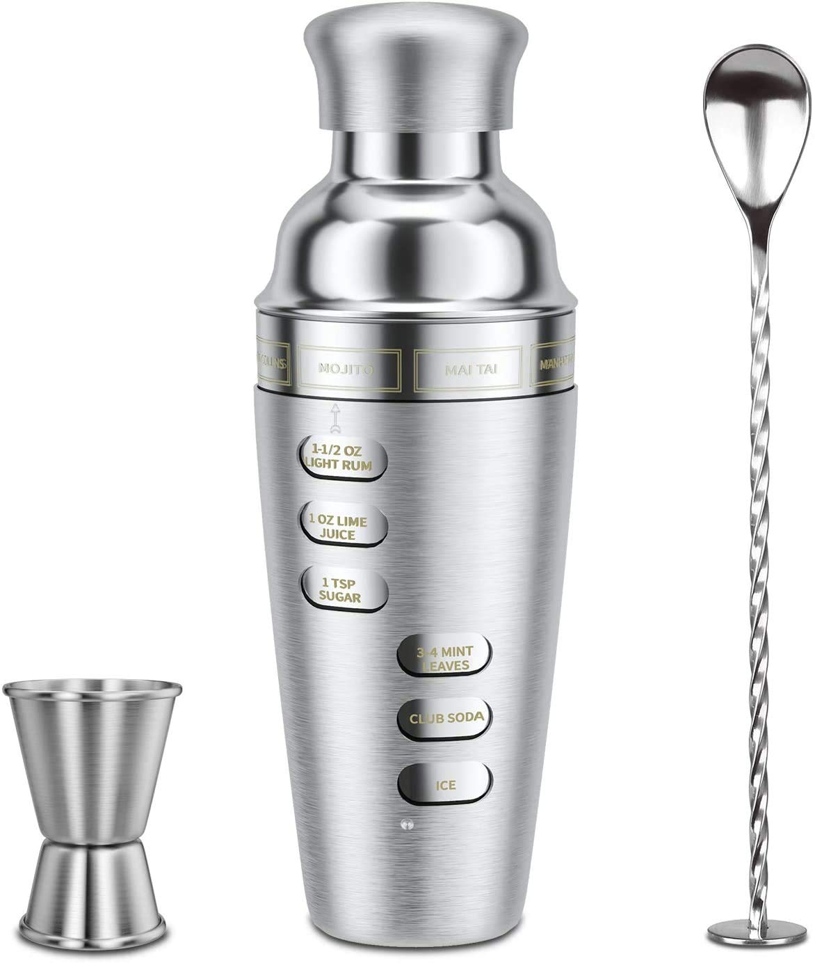 UPTO Cocktail Making Set, 5pieces 700ML Cocktail Shaker Set with Rotation Recipe Guide Cocktail Shakers Built-in Bartender Strainer & Measuring Jigge