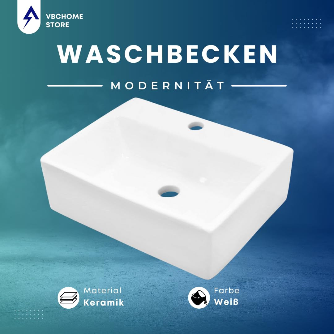 VBChome Lavabo 39 x 30 cm, in ceramica, bianco, rettangolare, con foro per rubinetto, piccolo lavabo a mano