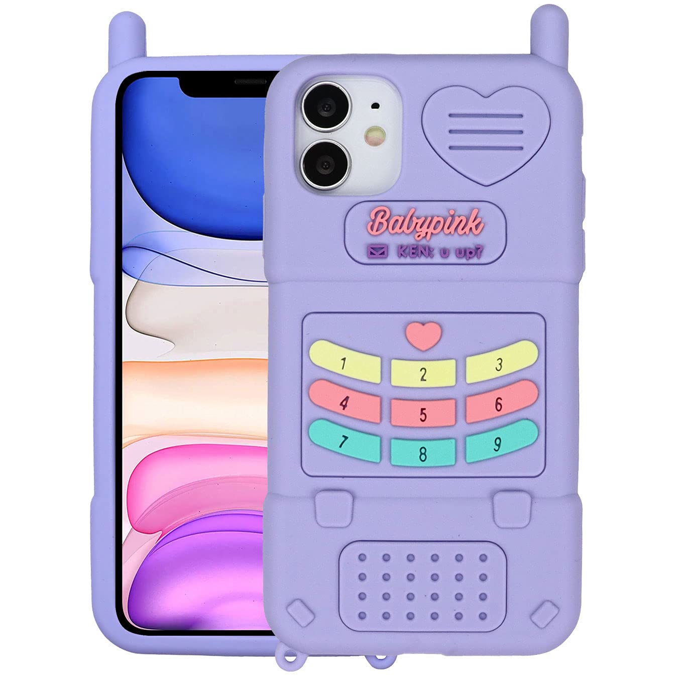 Tonvizern for iPhone 12 Mini 5.4 inch 2020 Case, iPhone 12 Mini 3D Cartoon Cute Retro Love Heart Classic Cellular Phone Shaped Case, Kids Women Girls Soft Silicone Rubber Cover Case (Purple Style 1)