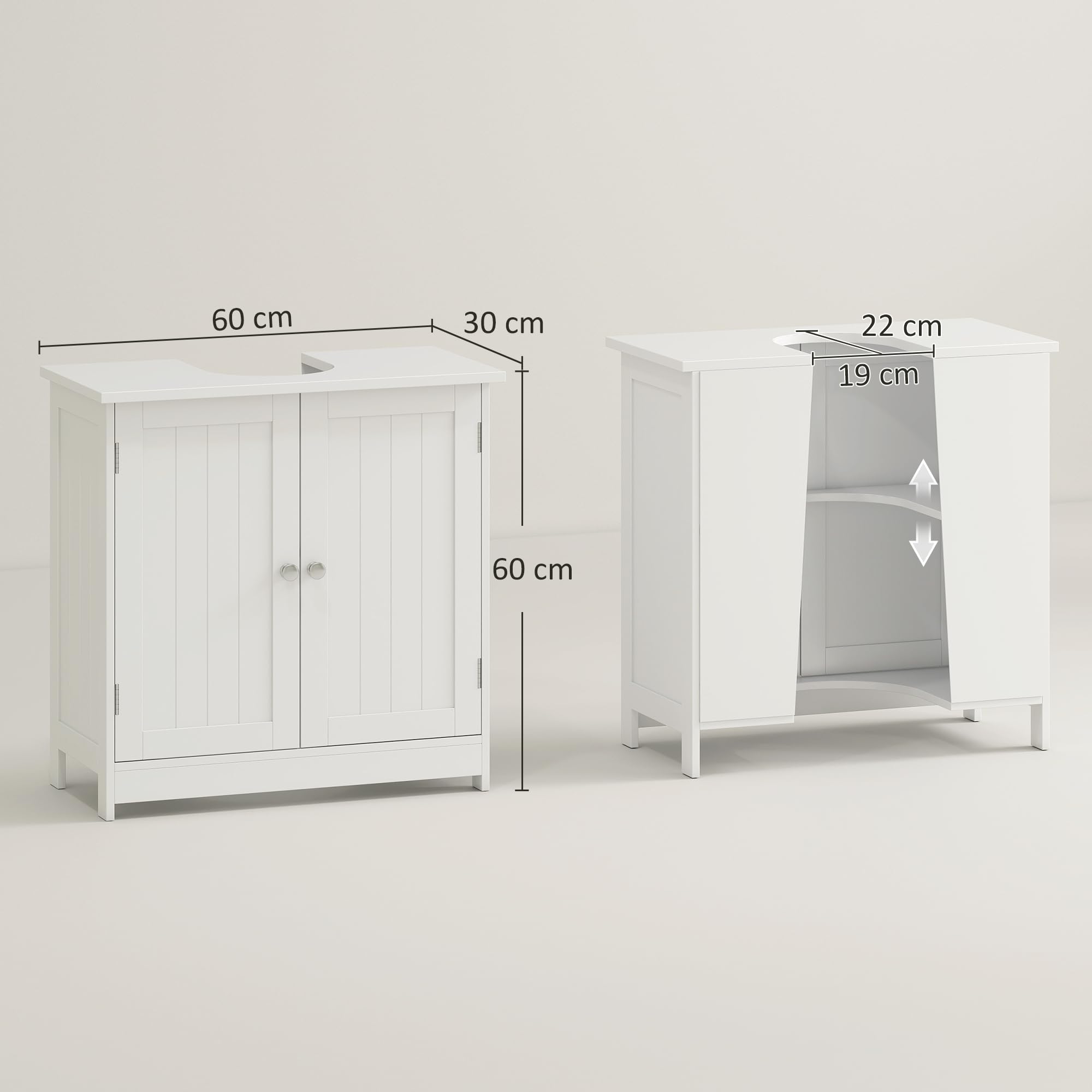 HOMCOM Mueble bajo Lavabo 2 Puertas con o sin Pedestal 60x30x60 cm Blanco | Mueble de Baño, Estante Ajustable, Armario de Baño para Lavabo, Estilo Moderno