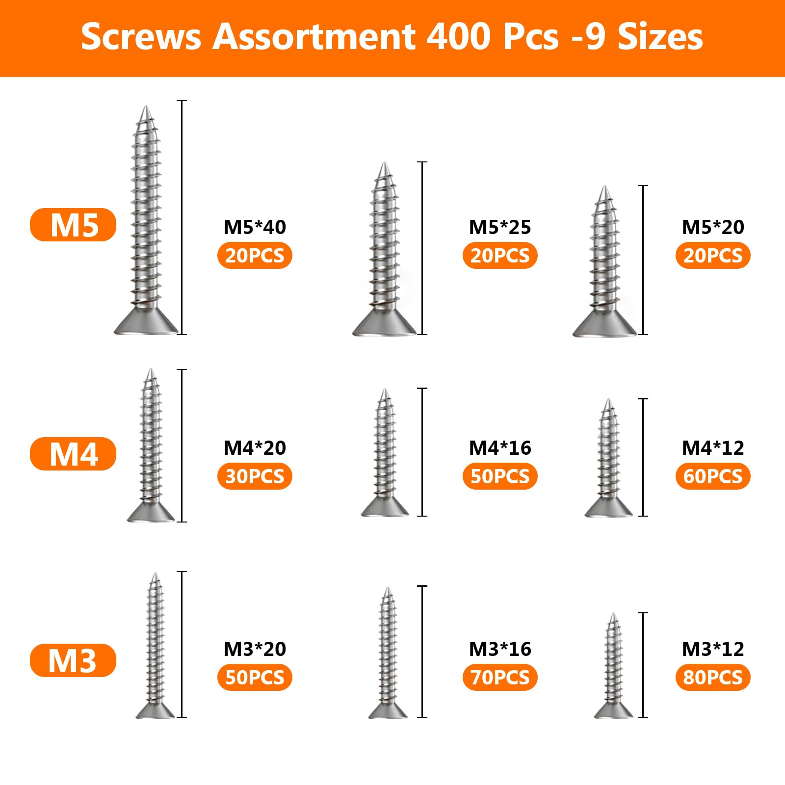 400 Pz M3 M4 M5 Viti Autofilettanti per Legno, Viti a Testa Piatta a Testa a Croce per Lamiera, Viti per Legno a Testa Svasata Croce Assortimento Kit, Set Viti in acciaio INOX