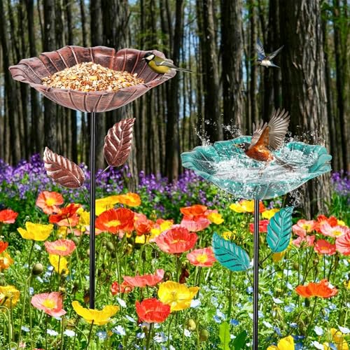 Image of 2 Pack Bird Bath for Outside, Outdoors Garden Decor Flower Birdbath | Vintage Metal Bird Bowl with Five Stakes for Hummingbird Baths & Bird Feeders, 31.3 inch H x 10.63 inch Dia (Bronze,Vintage Green)