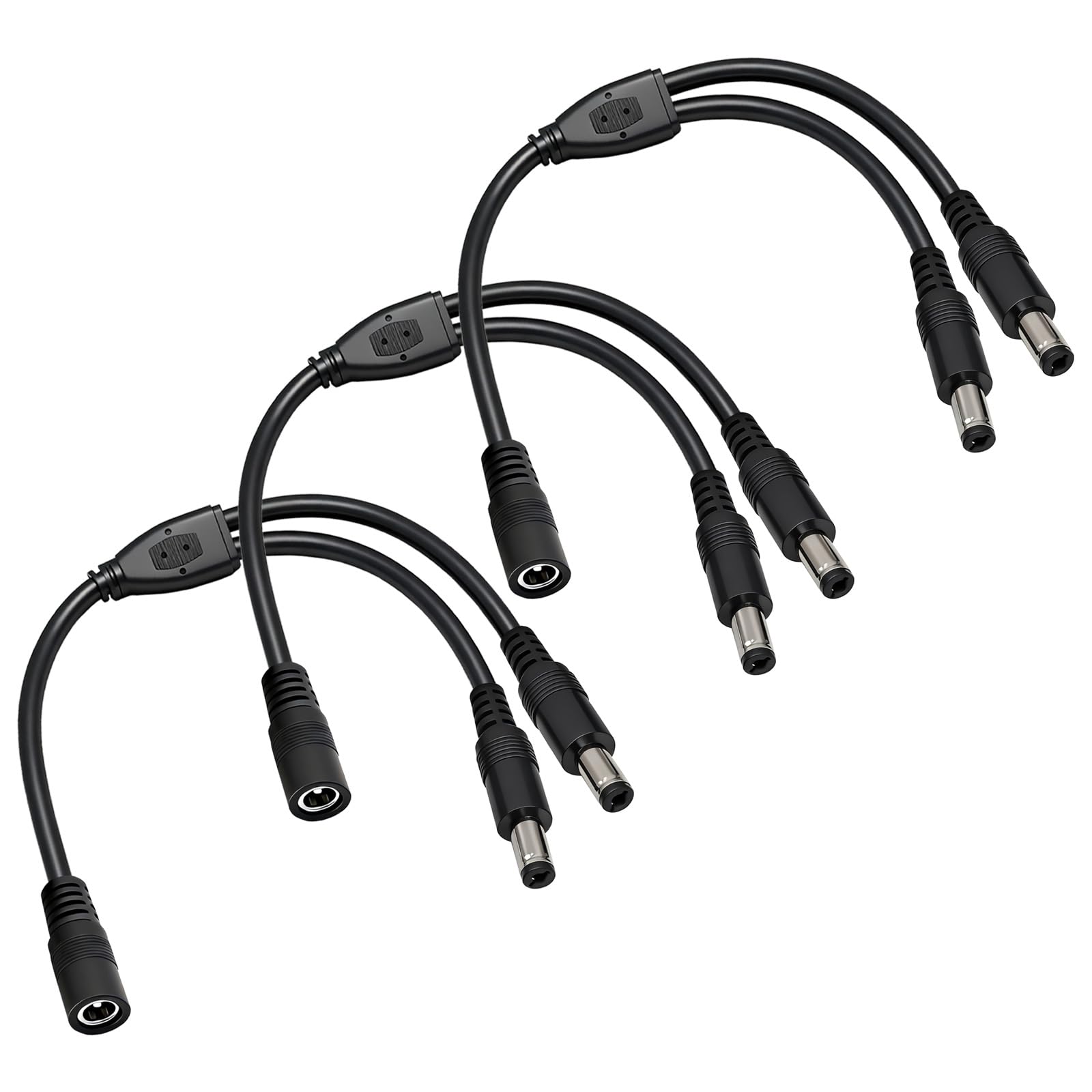 3-Pack 18AWG DC 5.5mm x 2.5mm 12V/24V DC Power Splitter Cable, 1 Female to 2 Male for CCTV Surveillance Cameras, LED Light Strips, and other Devices with Single Input and Dual Output Power Supply.