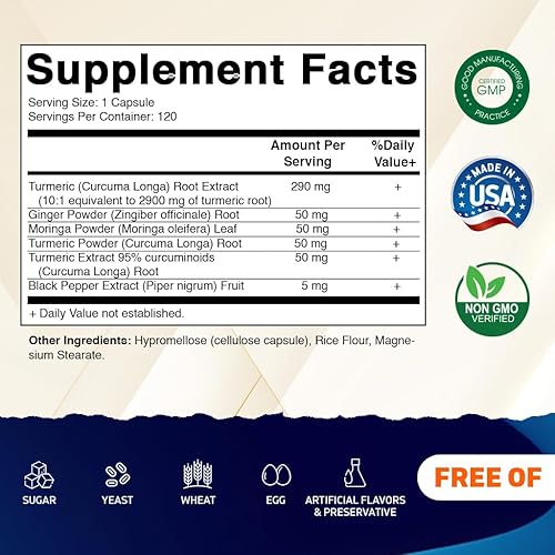 Miniatura 2 de Vitamatic Suplemento de curcumina de cúrcuma (equivalente a 101, 3000 mg por porción, hecho con 95% de curcuminoides, pimienta negra, jengibre,
