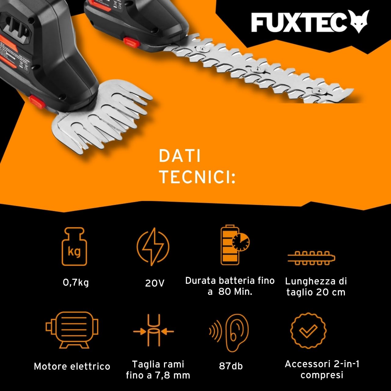 Set Mini motosega potatore a Batteria FUXTEC 20V E1HAS20SET – Peso 1,44Kg, Lunghezza Lama 15cm, Diametro di Taglio 10cm e Velocità della Catena di 4,6m/s