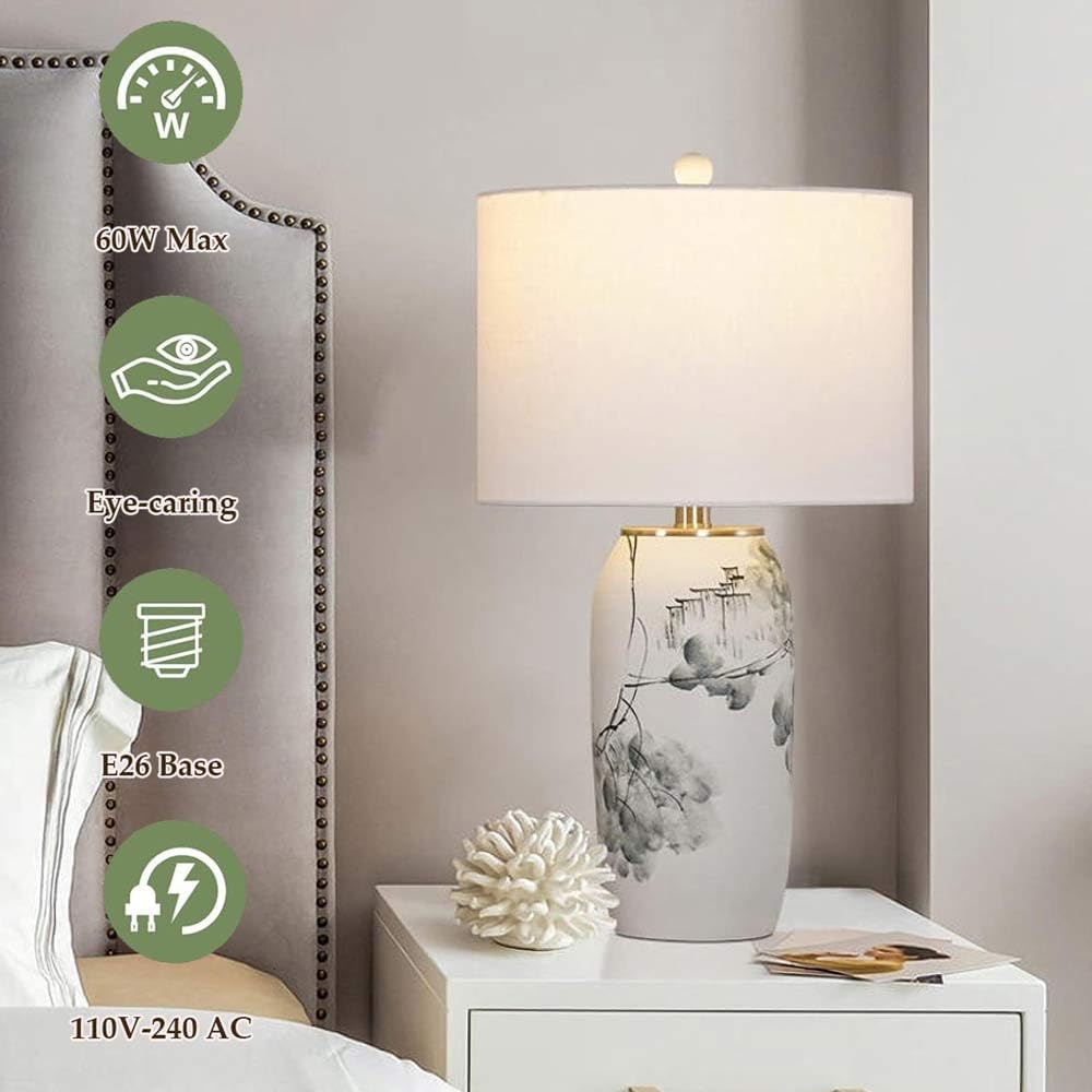 Elegante Lámpara De Mesa Cerámica Pintada A Mano Con Pantalla Tela - Ideal Para Dormitorio, Sala Estar Y Estudio Accesorio Iluminación Interior E26