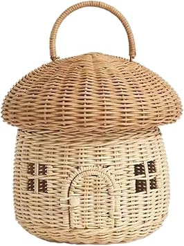 Rattan Storage Basket Mushroom Shaped Woven Basket with Lid, Decorative Woven Handle Basket Fruit Basket, Bathroom Shelf Organizer for Kids Room Living Room DecorationMushroom
