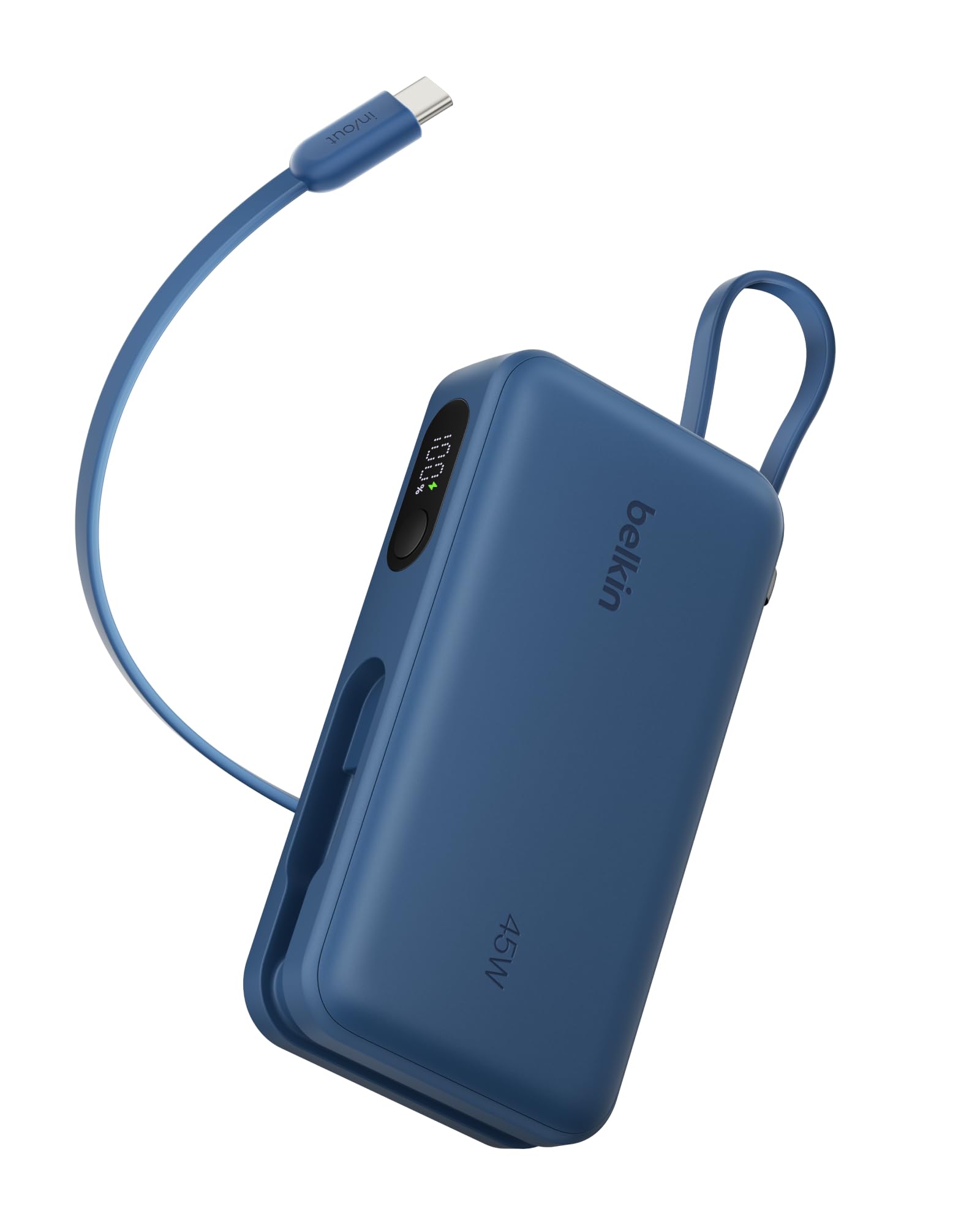 Belkin UltraCharge Powerbank 10 000 mAh, Kabel, Wyświetlacz – Niebieski | Powerbank 10 000 mAh, Ładowanie 3 Urządzeń (1 Port USB-C, 1 Port USB-A, Kabel USB-C), 45 W, Wstępnie Naładowany, Wyświetlacz